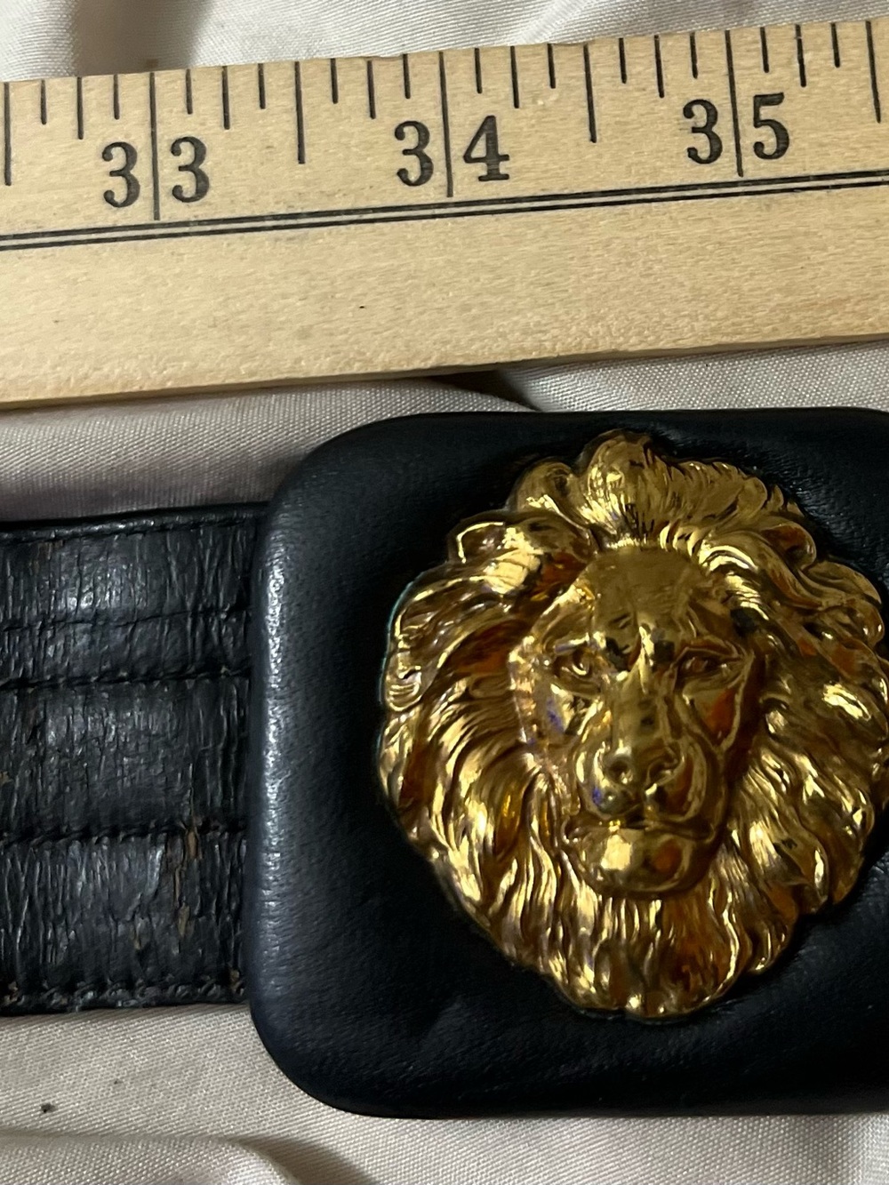 Vintage Anne Klein Black Leather Belt with Gold Lion Head Buckle